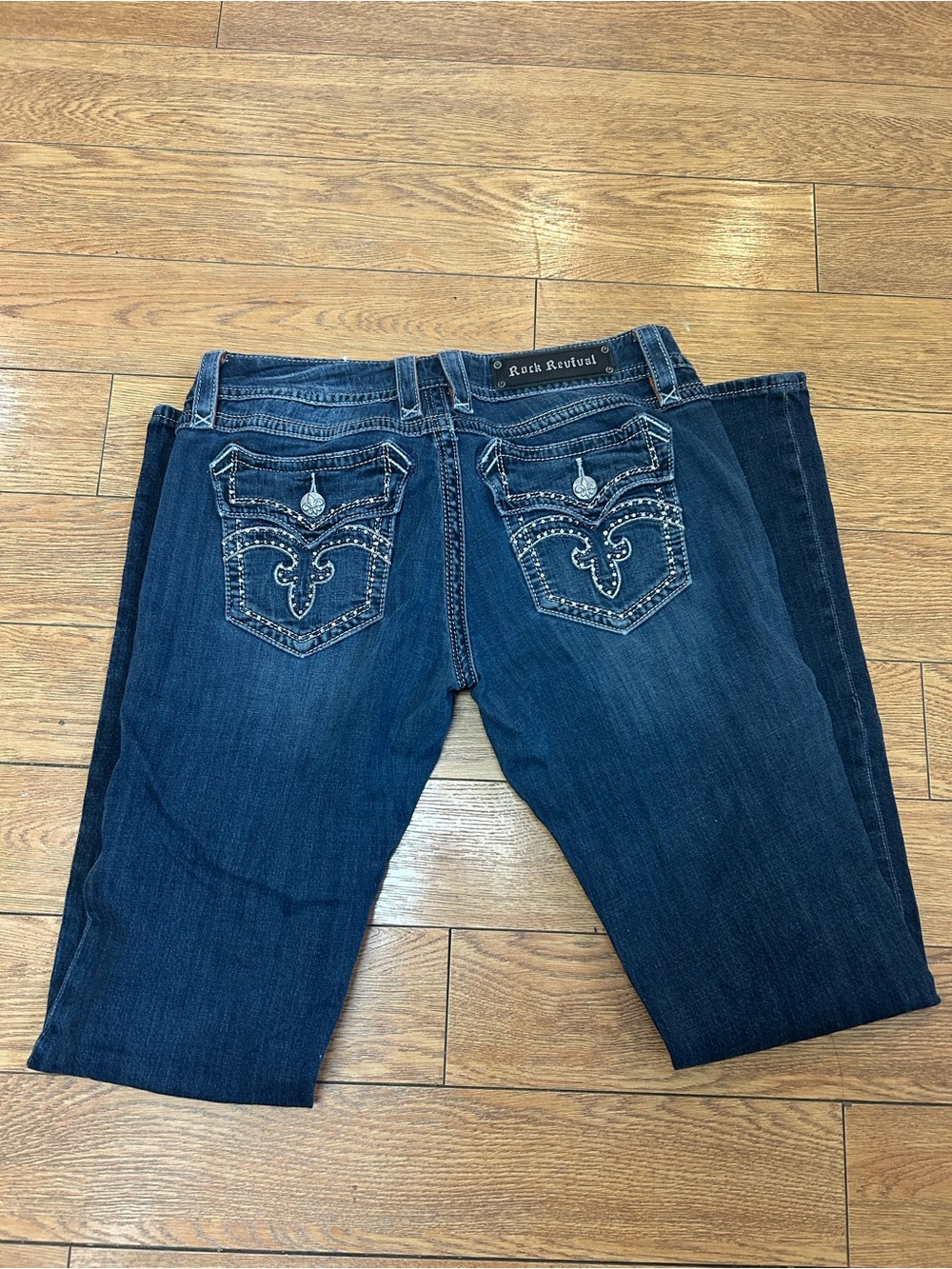 Rock Revival Women’s Dark Blue Bootcut Jeans with Embellished Pockets